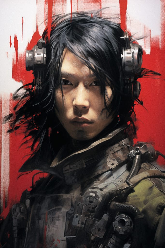 Armored woman with headphones, in the style of Tsutomu Nihei, red and black digital art, Midjourney V5.2