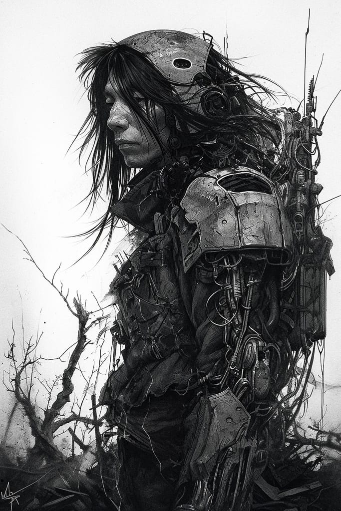 Cybernetic warrior amid dead branches, in the style of Tsutomu Nihei, monochrome ink illustration, Midjourney V6.0