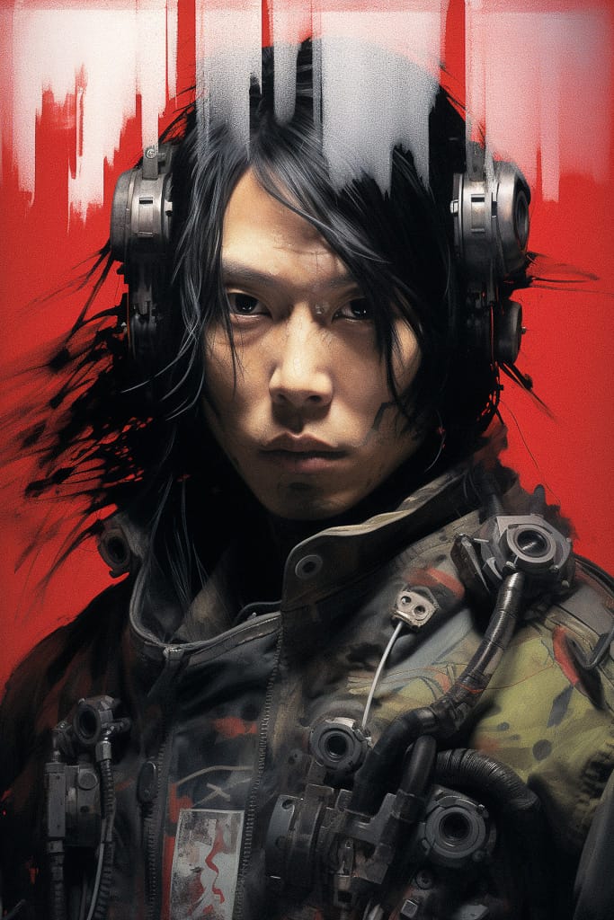 Cybernetic woman in tactical gear and headphones, gritty digital illustration in red, black, gray, Midjourney V5.2