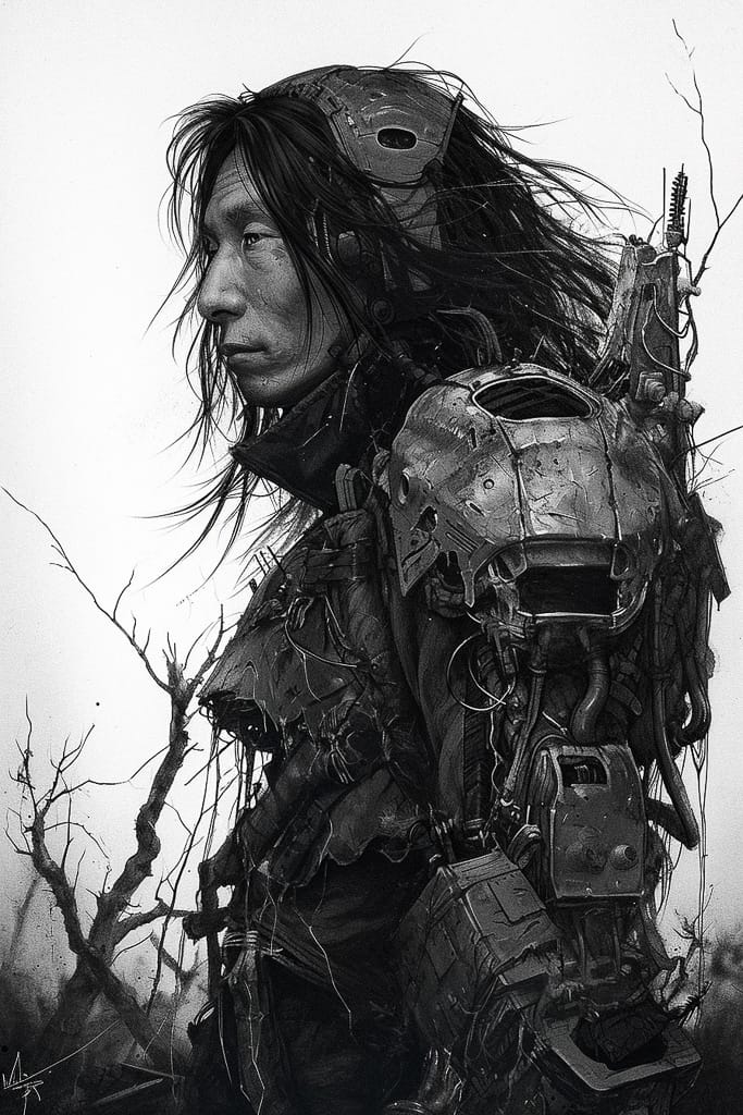 Armored long-haired woman amid dead branches, in the style of Tsutomu Nihei, monochrome ink drawing, Midjourney V6.0