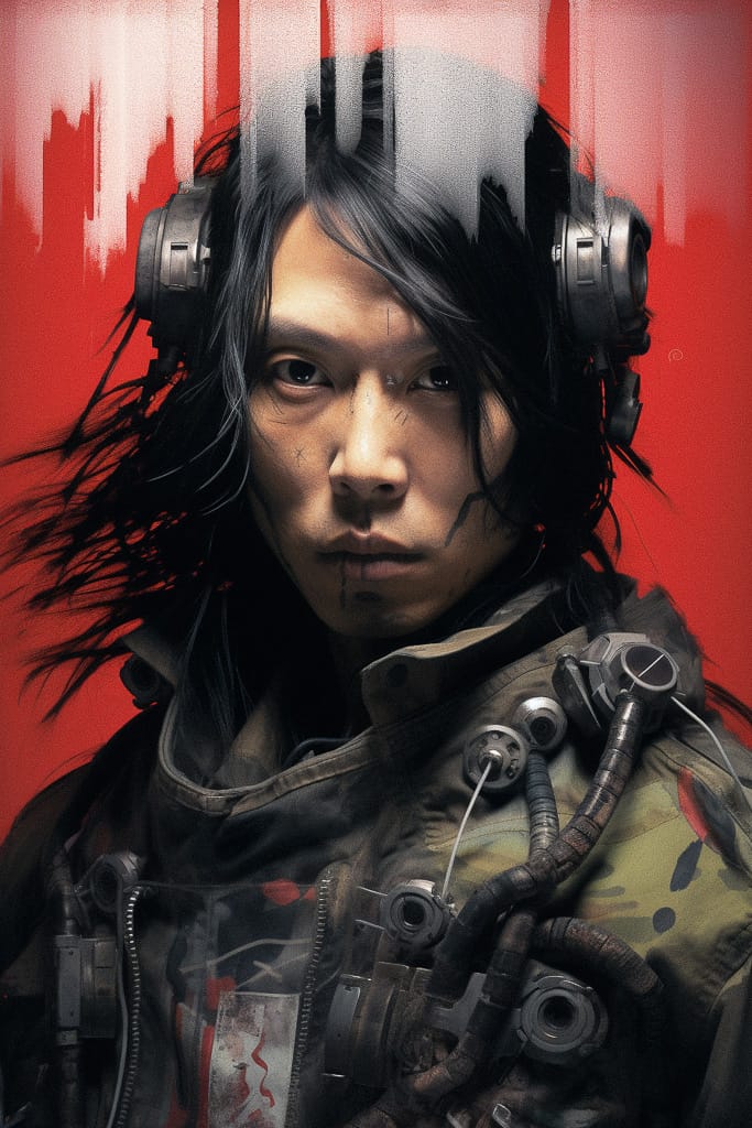 Asian cyberpunk soldier portrait in the style of Tsutomu Nihei, gritty red palette and harsh light, Midjourney V5.2