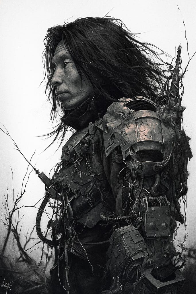 Long-haired armored cyborg warrior in the style of Tsutomu Nihei, monochrome ink illustration, Midjourney V6.0