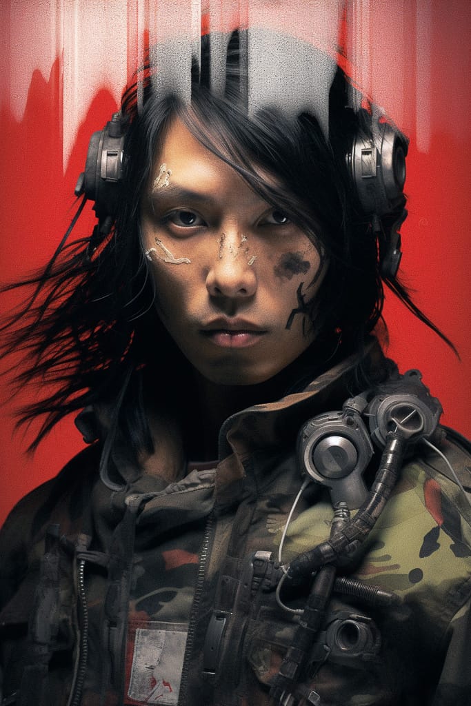 Cybernetic woman in tactical gear, gritty photorealistic style with red backlighting, Midjourney V5.2