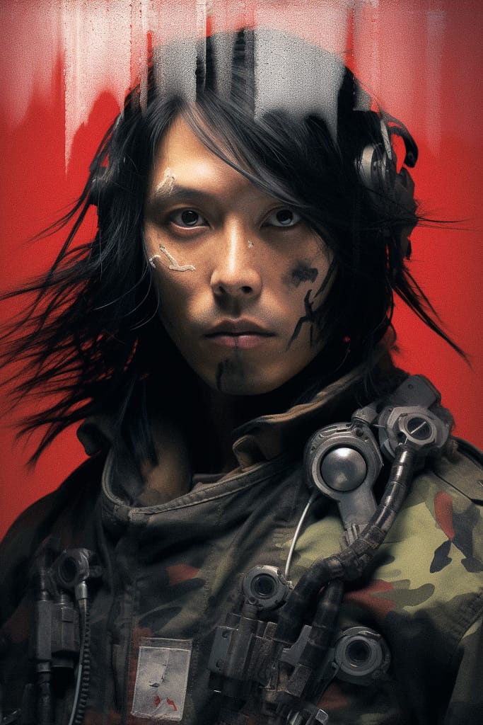 Cybernetic soldier portrait in the style of Tsutomu Nihei, gritty realism with red light, Midjourney V5.2
