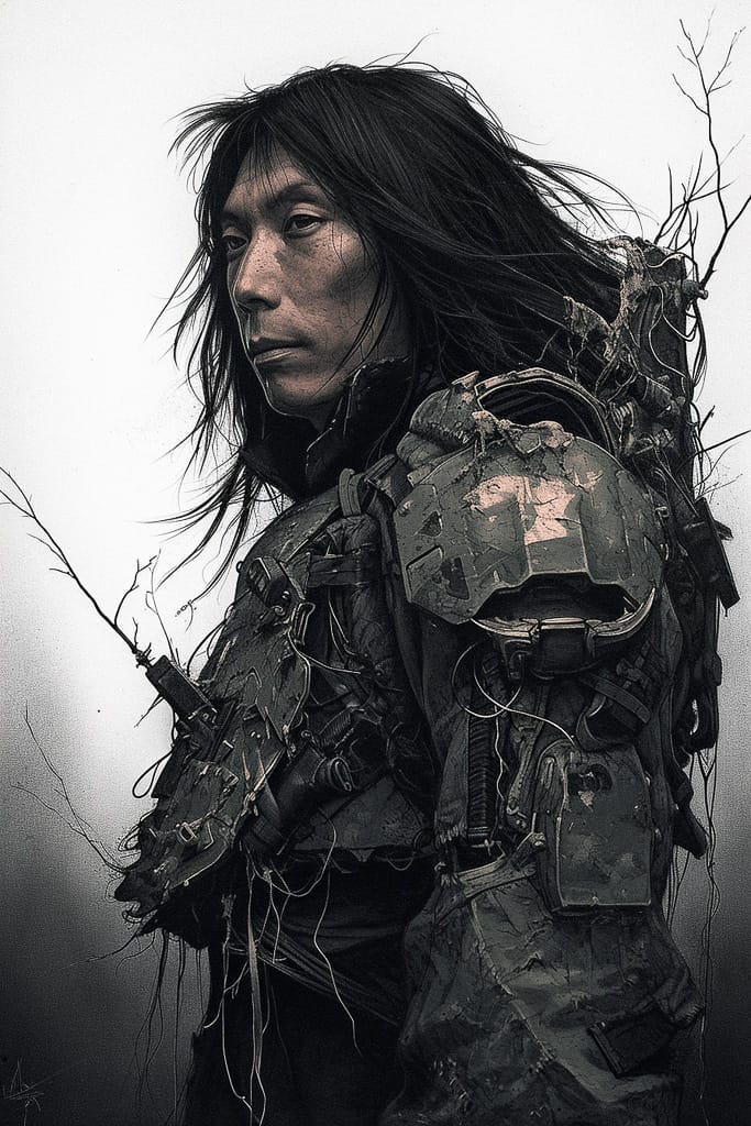 Long-haired armored warrior in a detailed monochrome ink illustration with muted green accents, Midjourney V6.0
