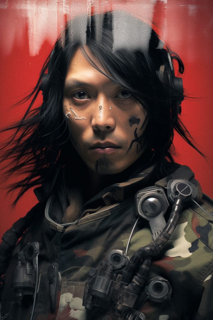 Long-haired soldier in camouflage, gritty illustration with a red backdrop and dramatic light, Midjourney V5.2