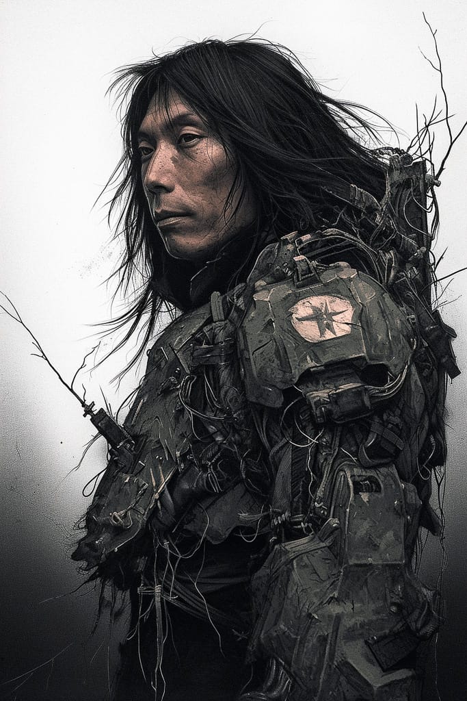 Long-haired soldier in tactical gear, monochrome ink illustration with stark light, Midjourney V6.0