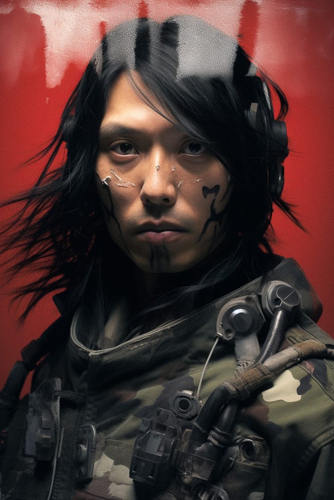 Long-haired futuristic soldier with facial scars, Midjourney V5.2