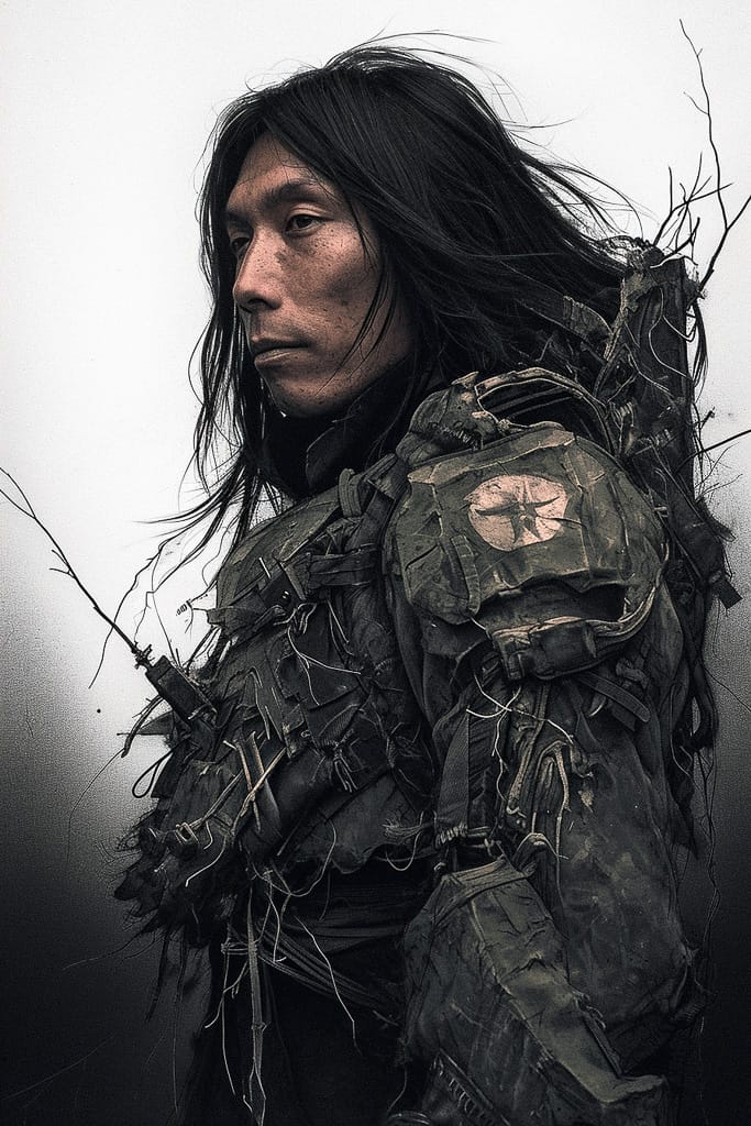Long-haired armored soldier in the style of Tsutomu Nihei, dark sketch-like muted palette, Midjourney V6.0