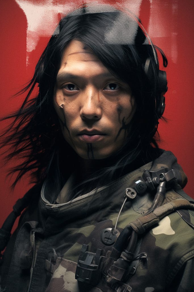 Long-haired soldier in tactical gear, gritty portrait with muted colors and red backlight, Midjourney V5.2
