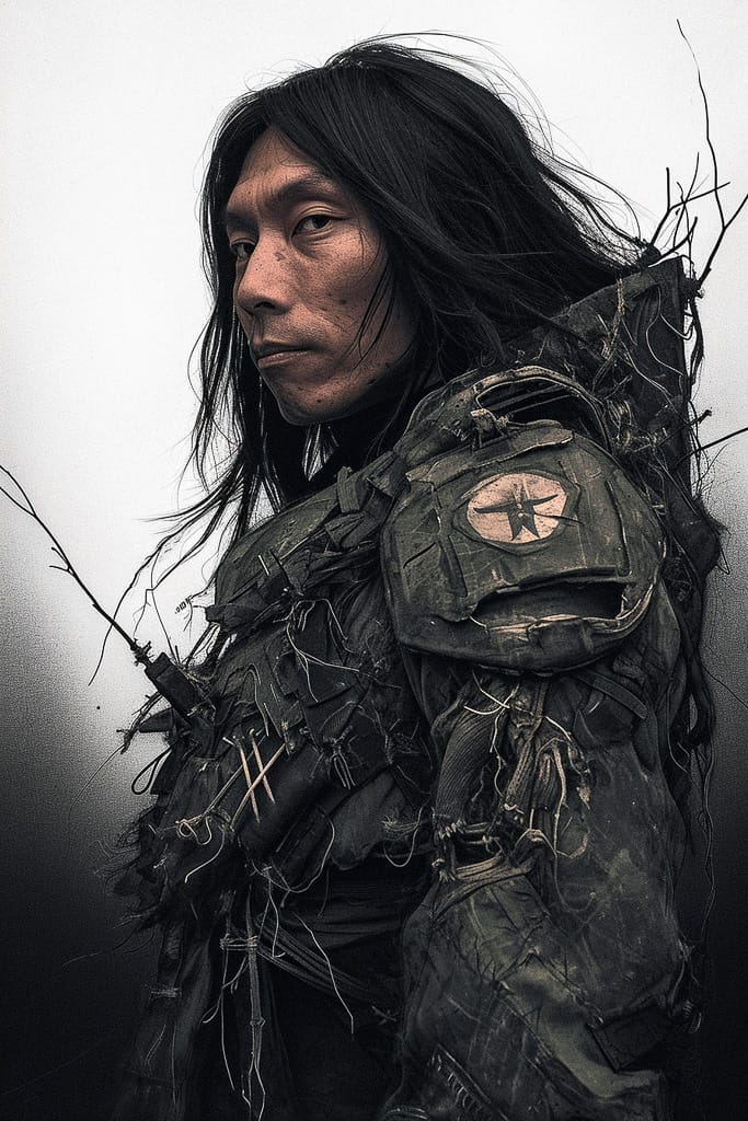 Long-haired soldier in battered tactical gear, gritty monochrome art in the style of Tsutomu Nihei, Midjourney V6.0