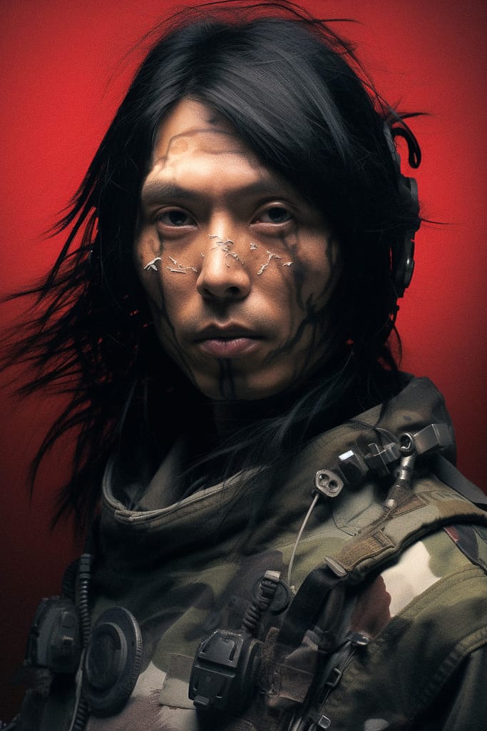 Portrait of a scarred long-haired soldier in the style of Tsutomu Nihei, dark realism and red light, Midjourney V5.2