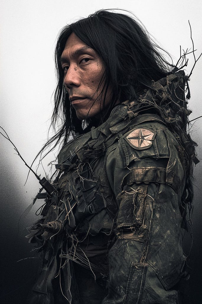 Long-haired soldier in rugged camouflage, gritty photorealistic portrait with muted dark tones, Midjourney V6.0
