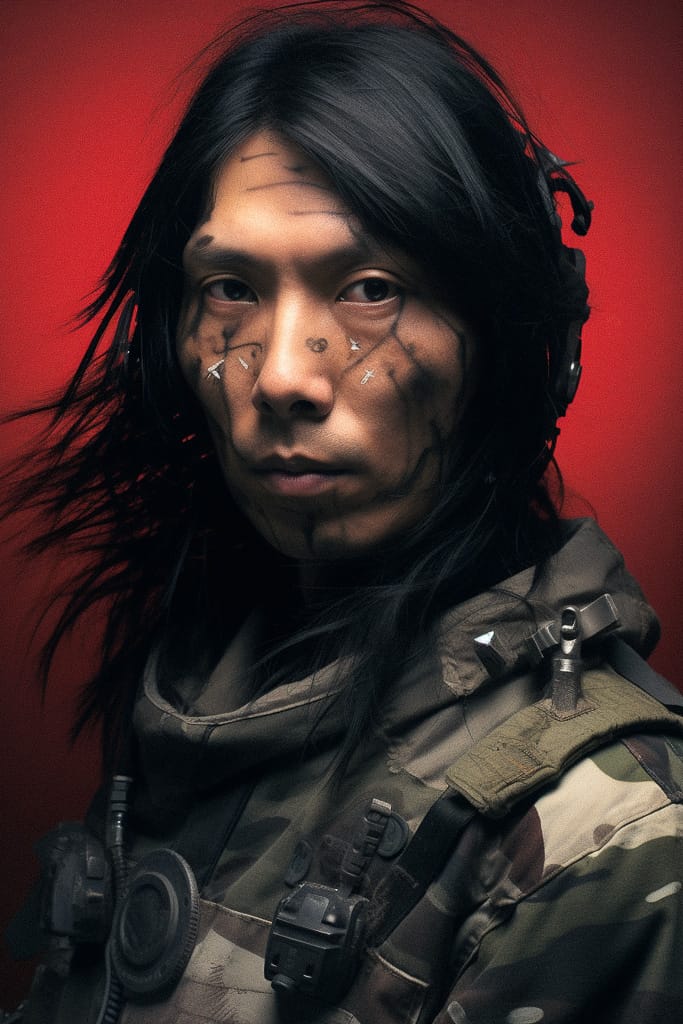 Portrait of a scarred long-haired soldier in tactical gear, dark photorealism with red lighting, Midjourney V5.2