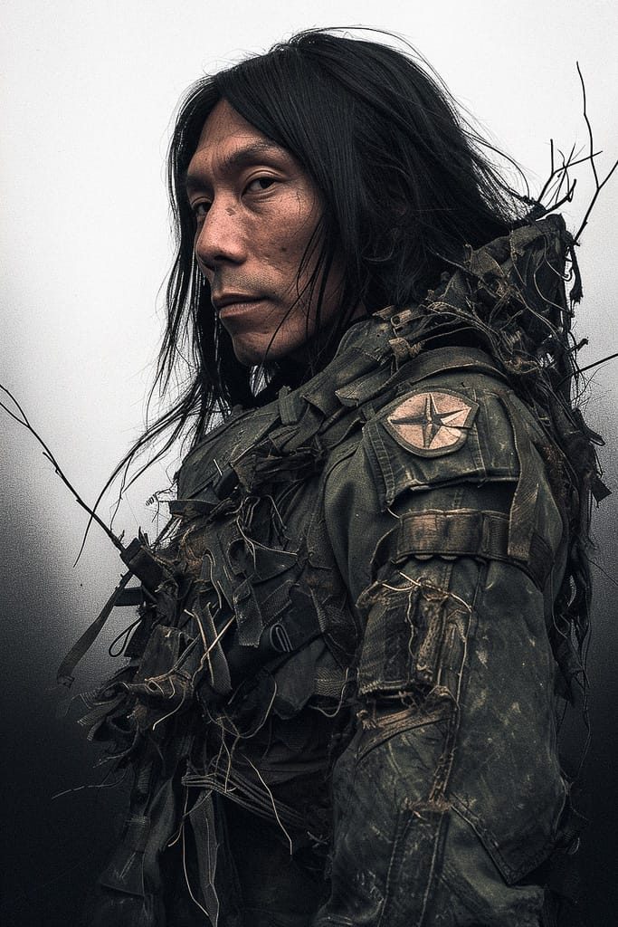 Long-haired soldier in distressed gear, muted photorealism and stark light, Midjourney V6.0