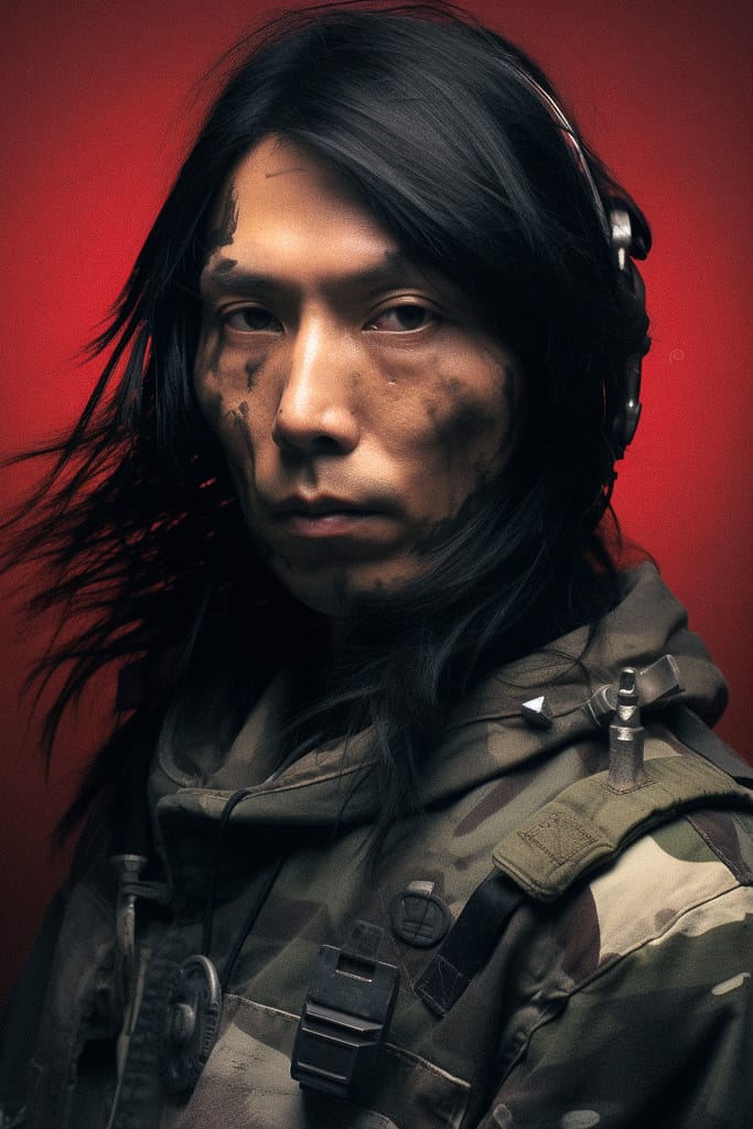 Long-haired person in tactical gear, a realistic dark portrait with warm light and a red background, Midjourney V5.2