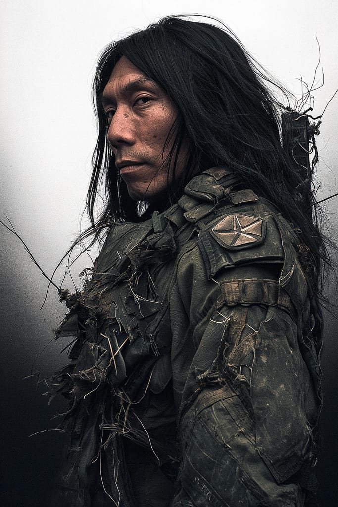 Long-haired soldier in rugged tactical gear, dark detailed illustration in muted gray-green tones, Midjourney V6.0