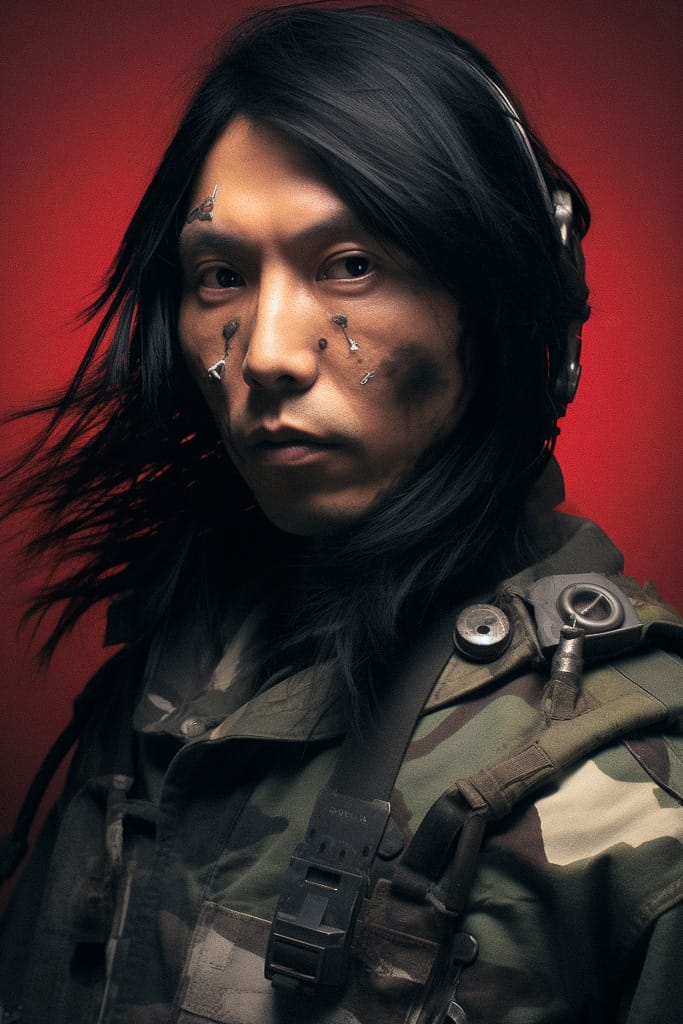 Scarred long-haired soldier in tactical gear, cinematic portrait with dark tones and red backlight, Midjourney V5.2