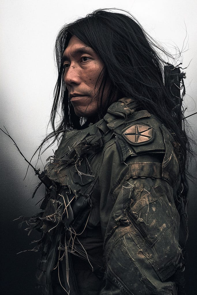 Long-haired soldier in worn tactical gear, rendered in dark muted tones with stark light, Midjourney V6.0