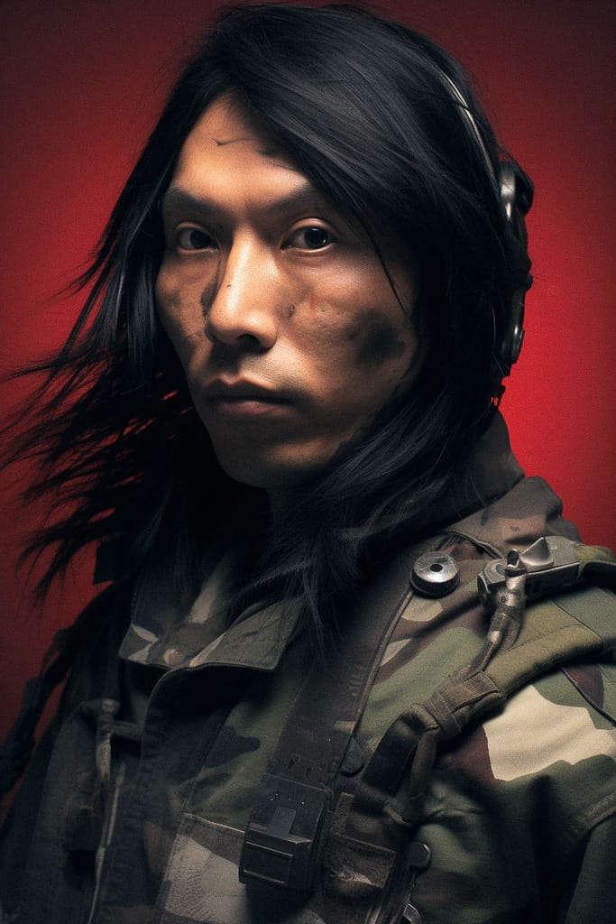 Long-haired soldier in camouflage gear, in the style of Tsutomu Nihei, cinematic red-lit portrait, Midjourney V5.2