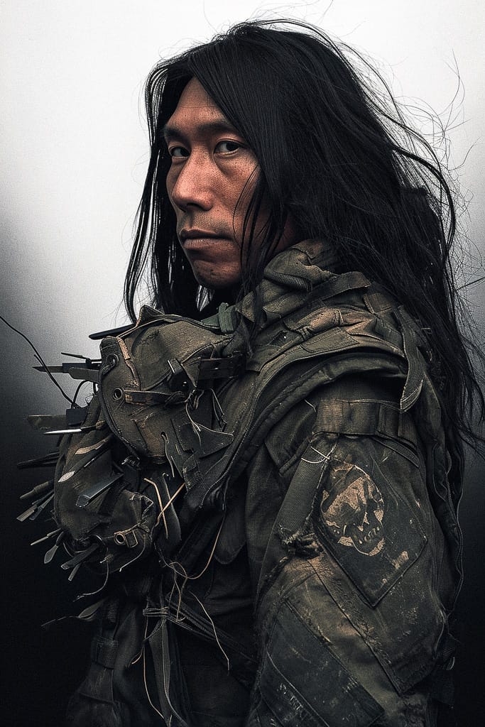 Long-haired armored warrior in the style of Tsutomu Nihei, dark realistic digital portrait, Midjourney V6.0