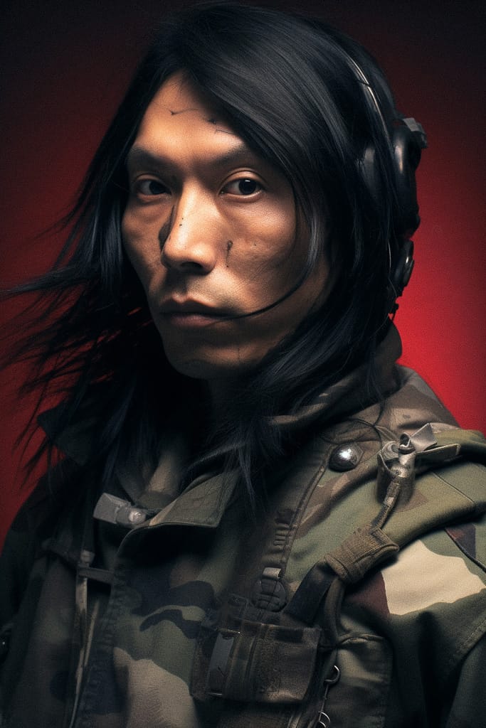 Portrait of a long-haired soldier in camouflage, in the style of Tsutomu Nihei, dark cinematic light, Midjourney V5.2