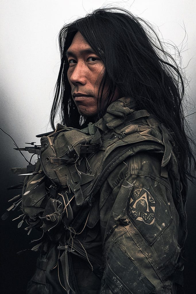 Long-haired warrior in layered tactical armor, rendered in gritty dark muted tones with soft light, Midjourney V6.0