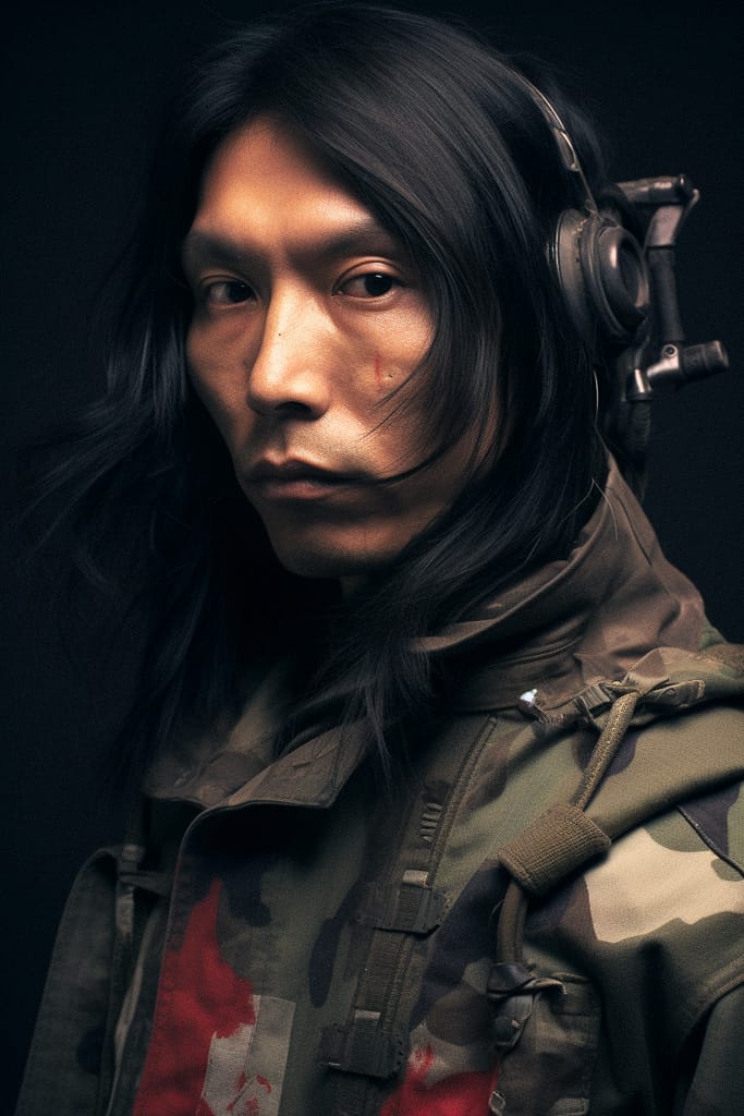 Long-haired soldier with a headset in a dark, cinematic portrait with muted camouflage tones, Midjourney V5.2