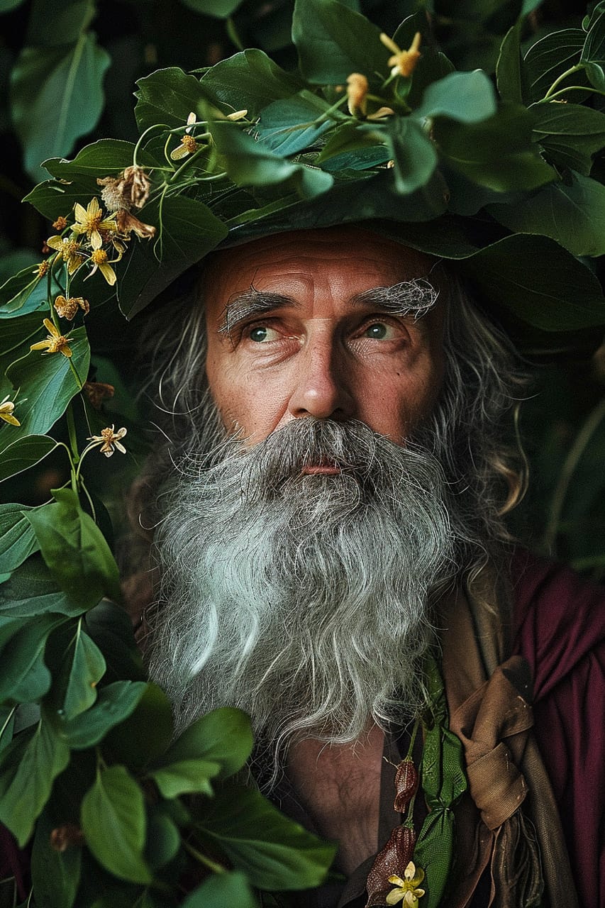 Bearded flower wizard surrounded by green leaves, realistic portrait in dark green tones, Midjourney V6.0