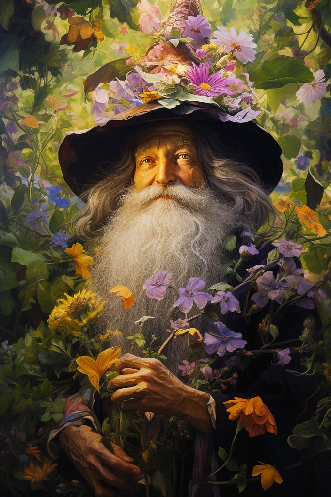 Wizard of flowers with a long white beard, rendered in richly colored painterly light amid foliage, Midjourney V5.2