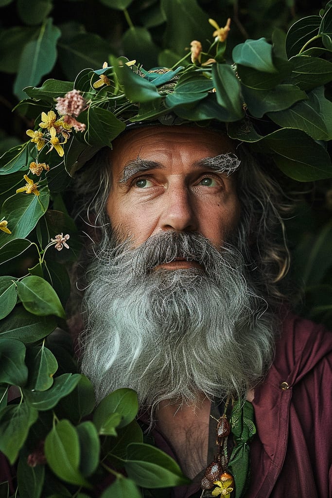 Wizard of flowers with a long gray beard, photorealistic in deep green foliage and soft light, Midjourney V6.0