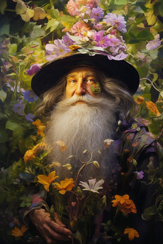 Floral wizard with a long white beard, painterly portrait in vivid warm colors and soft light, Midjourney V5.2