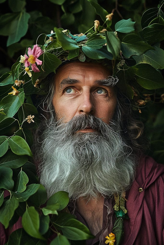Flower wizard with a long gray beard, photorealistic portrait in deep green foliage and soft light, Midjourney V6.0