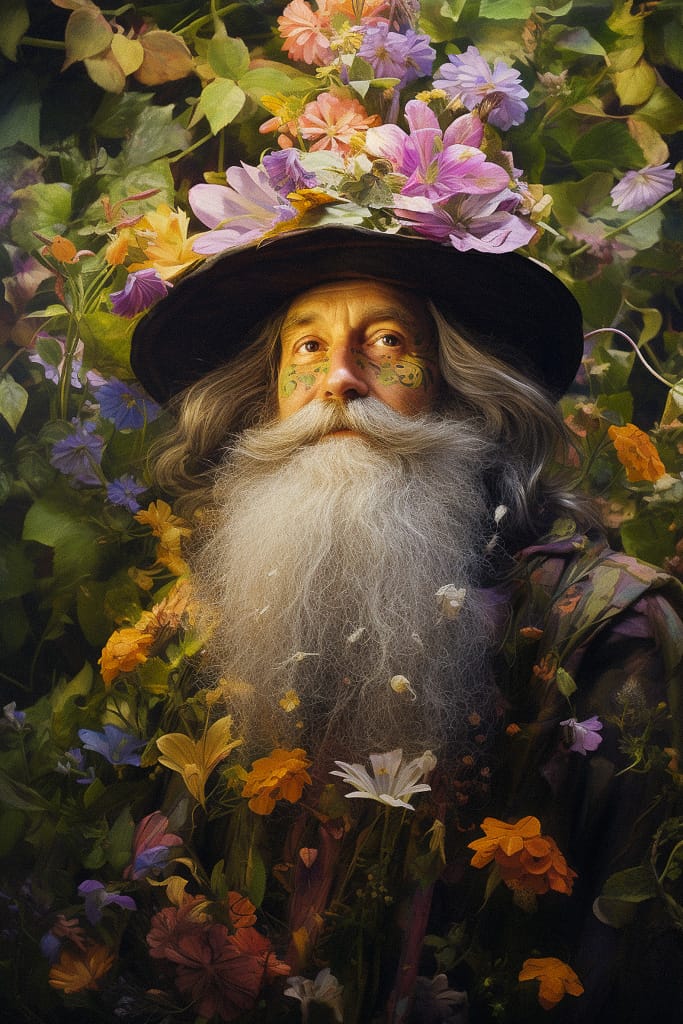 Flower wizard with a long white beard, rendered as a richly colored, softly lit portrait, Midjourney V5.2