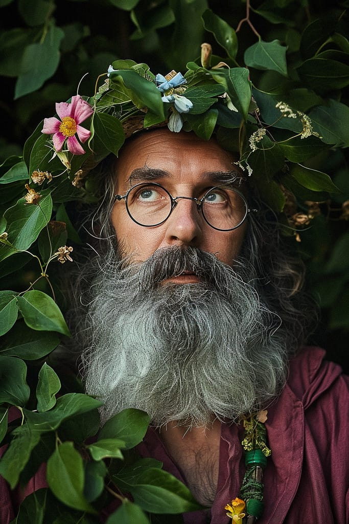 Bearded flower wizard with round glasses, realistic photography in deep green foliage and soft light, Midjourney V6.0