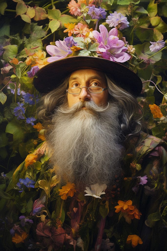 Flower wizard with a long white beard, painterly portrait in a lush colorful floral palette, Midjourney V5.2