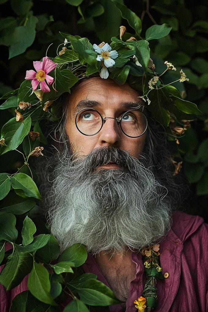 Bearded flower wizard with round glasses, photorealistic portrait in rich green and pink tones, Midjourney V6.0
