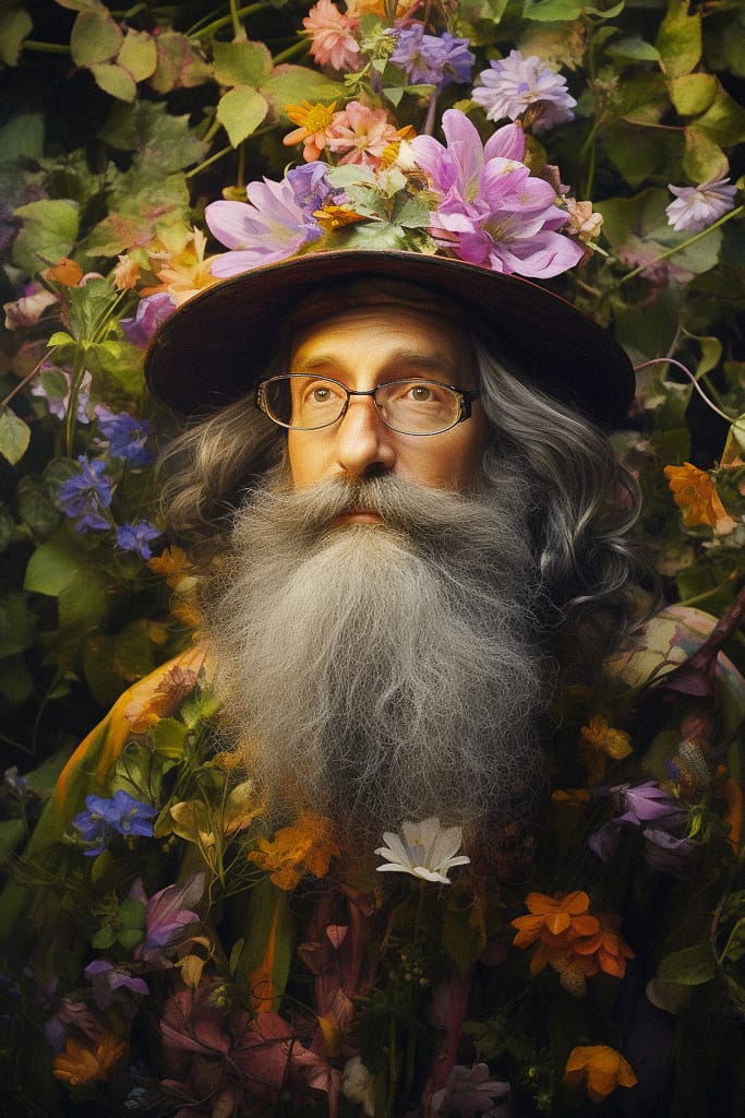 Wizard with a long gray beard and flower-covered hat, richly colored realistic portrait, Midjourney V5.2