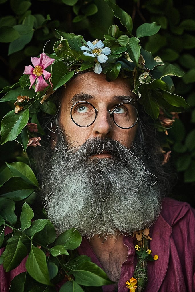 Wizard of flowers with a long gray beard, realistic portrait in rich green foliage and soft light, Midjourney V6.0