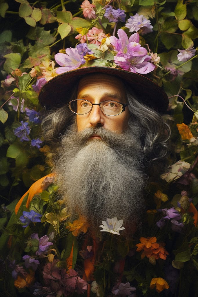 Bearded flower wizard with glasses, painted in warm natural colors amid leafy blooms, Midjourney V5.2
