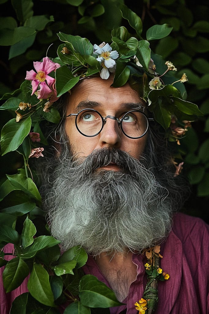 Bearded flower wizard with glasses, rendered as a detailed natural-light portrait in green foliage, Midjourney V6.0