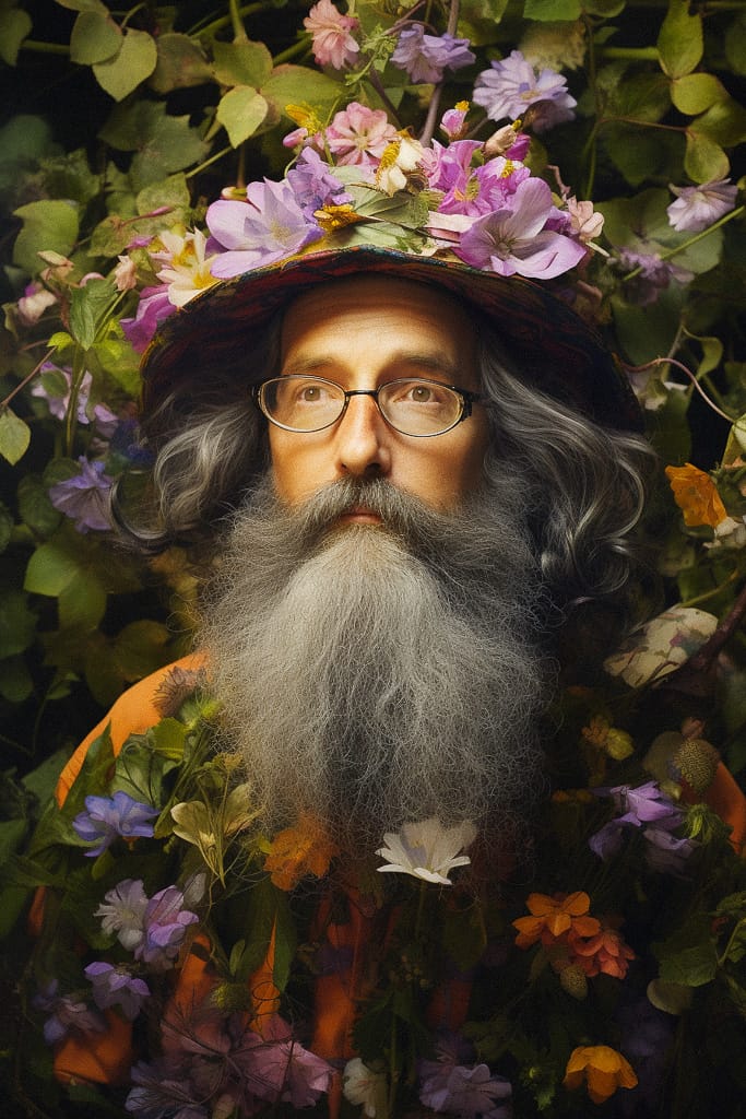 Bearded wizard of flowers with glasses, rendered in warm, softly lit floral portraiture, Midjourney V5.2