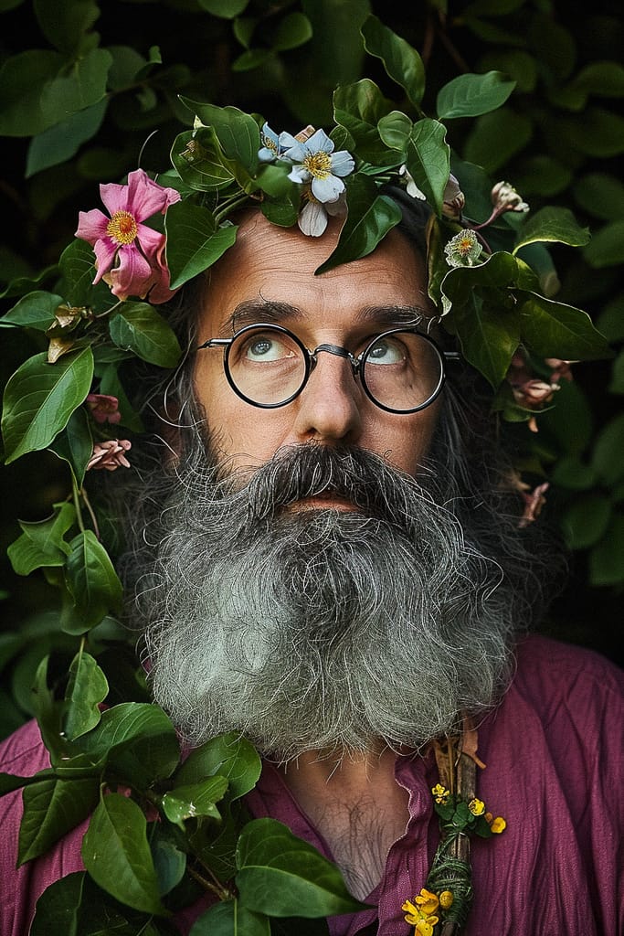 Flower wizard with a long gray beard, photorealistic portrait in rich green foliage and soft light, Midjourney V6.0