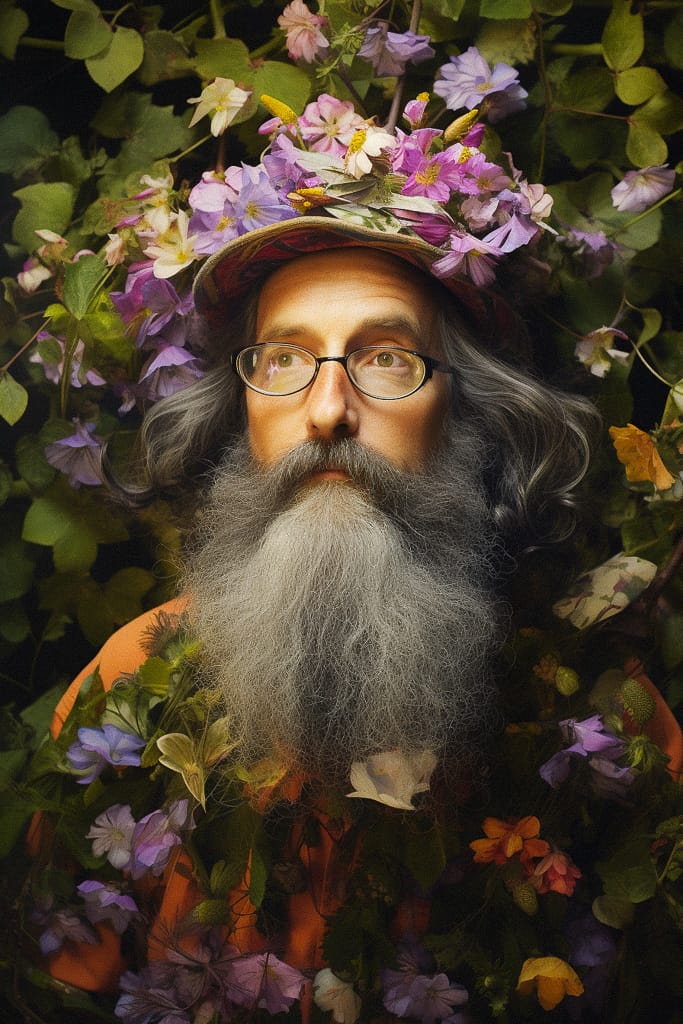 Wizard with a flower-covered hat and long beard, rendered in richly colored painterly light, Midjourney V5.2