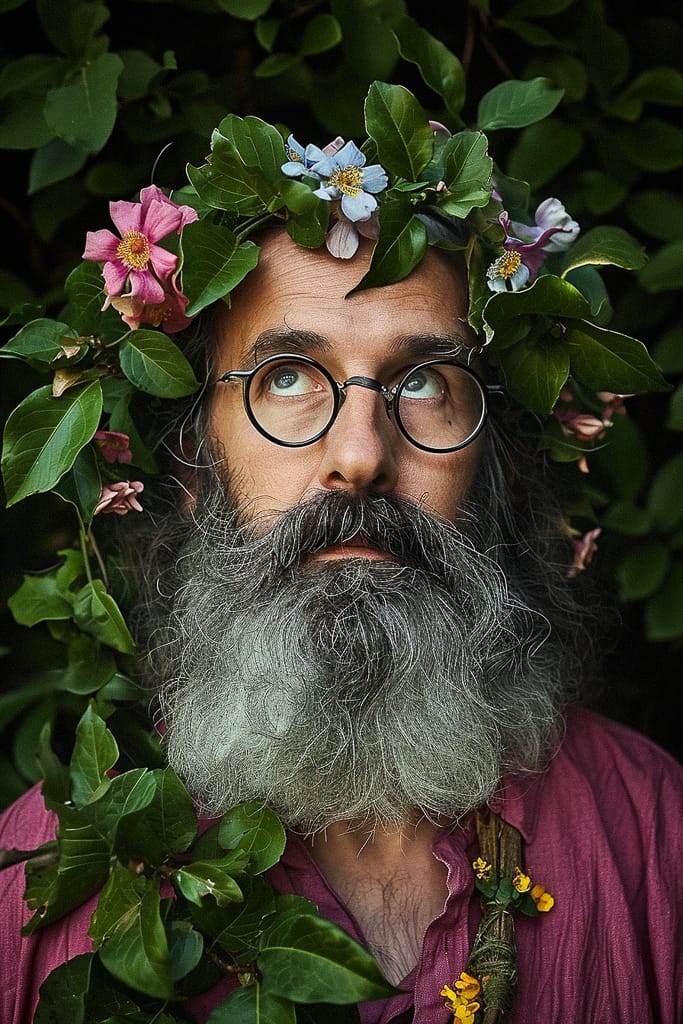 Flower wizard with gray beard and glasses, photorealistic with vivid flowers and soft natural light, Midjourney V6.0