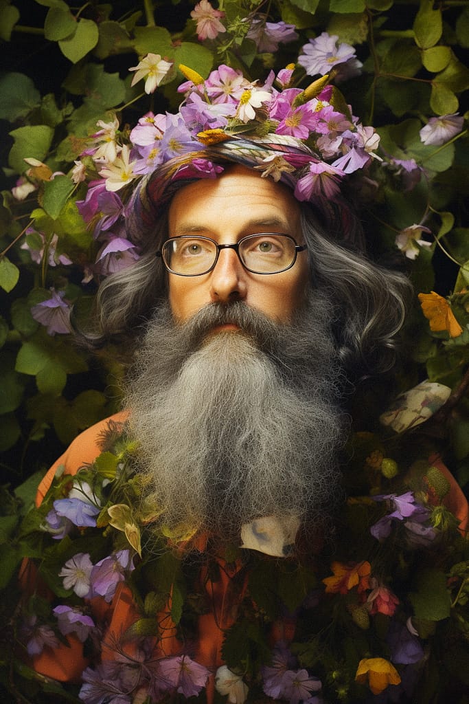 Bearded flower wizard with glasses, photorealistic floral portrait in rich colors and soft light, Midjourney V5.2
