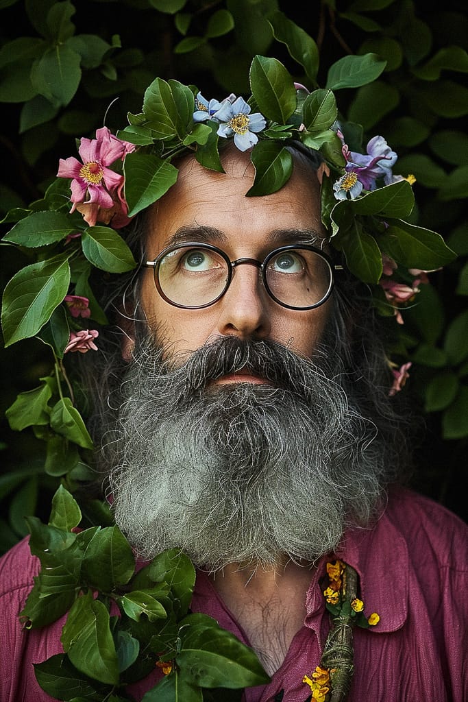 Flower wizard with a long gray beard, photographed in rich green foliage and soft natural light, Midjourney V6.0