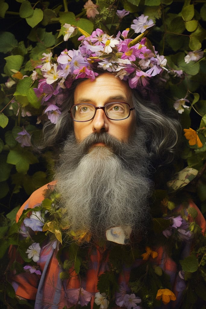Bearded flower wizard wearing glasses, realistic portrait with warm light and lush green foliage, Midjourney V5.2