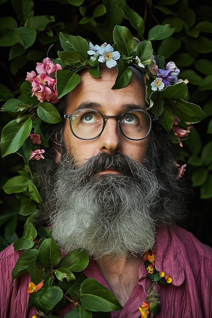 Wizard of flowers with a long beard and floral crown, photorealistic with lush green foliage, Midjourney V6.0