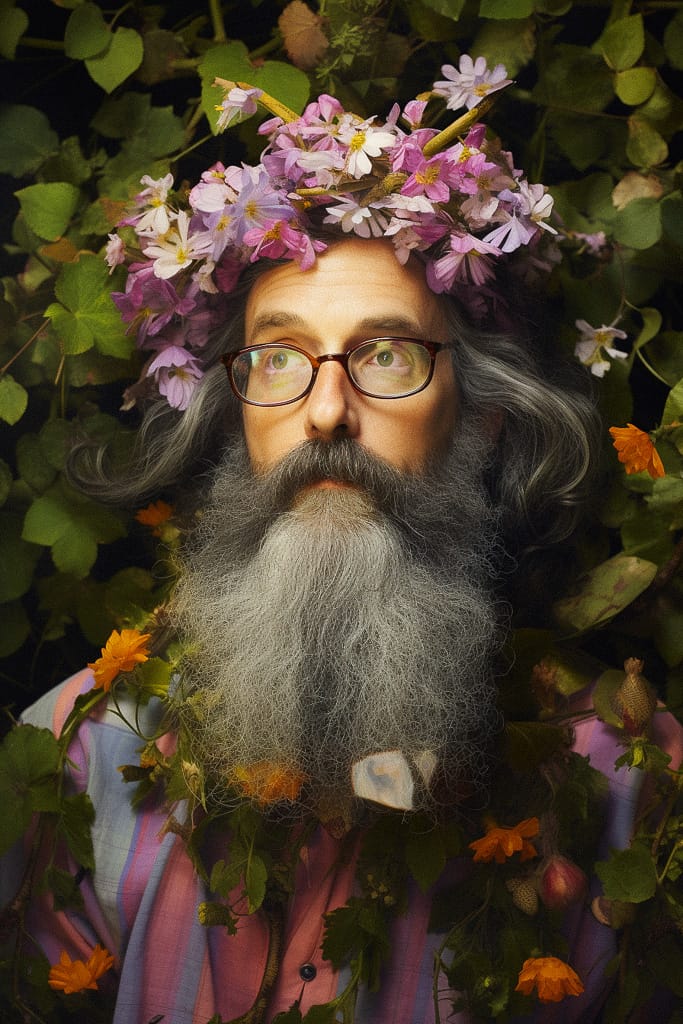 Bearded wizard wearing a flower crown, richly detailed portrait with warm light and earthy colors, Midjourney V5.2